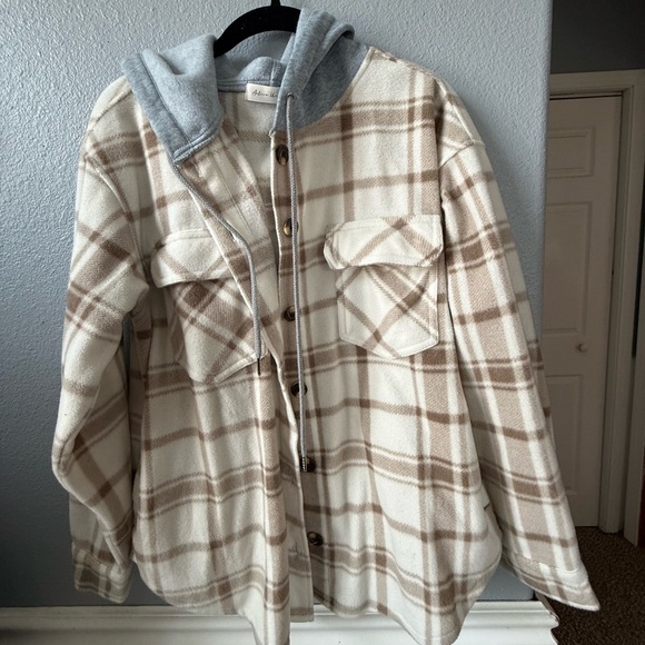 Active USA Jackets & Blazers - Active USA Plaid Jacket with Hood - Cream and Tan